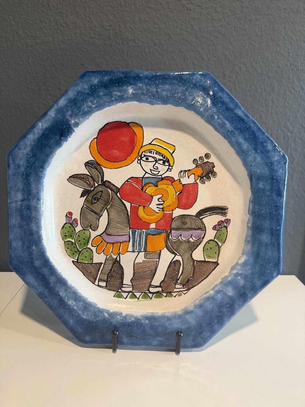 Vintage De Simone Italian Pottery Plate Man On Donkey Guitar Octagon Folk Art 43